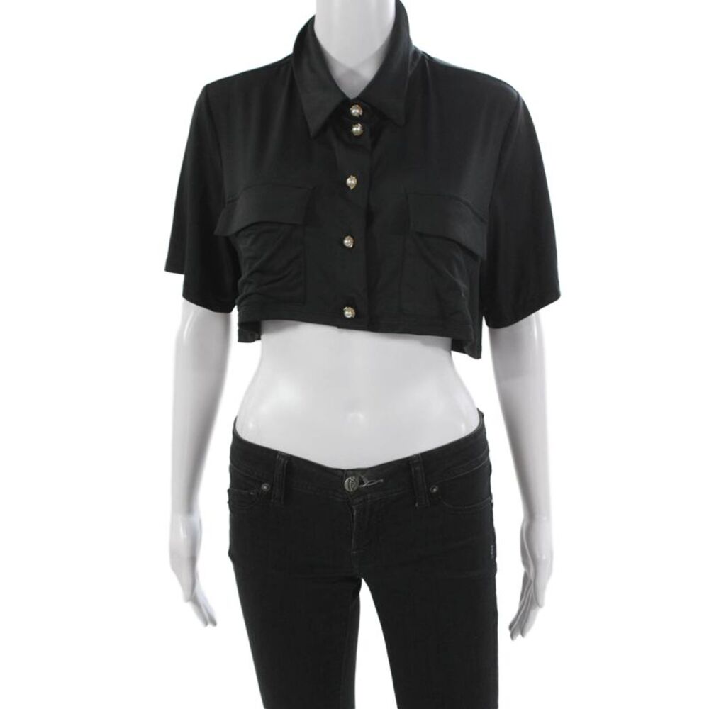Kimberly Taylor Womens Cropped Button-Up Collared Short Sleeve Black Size M